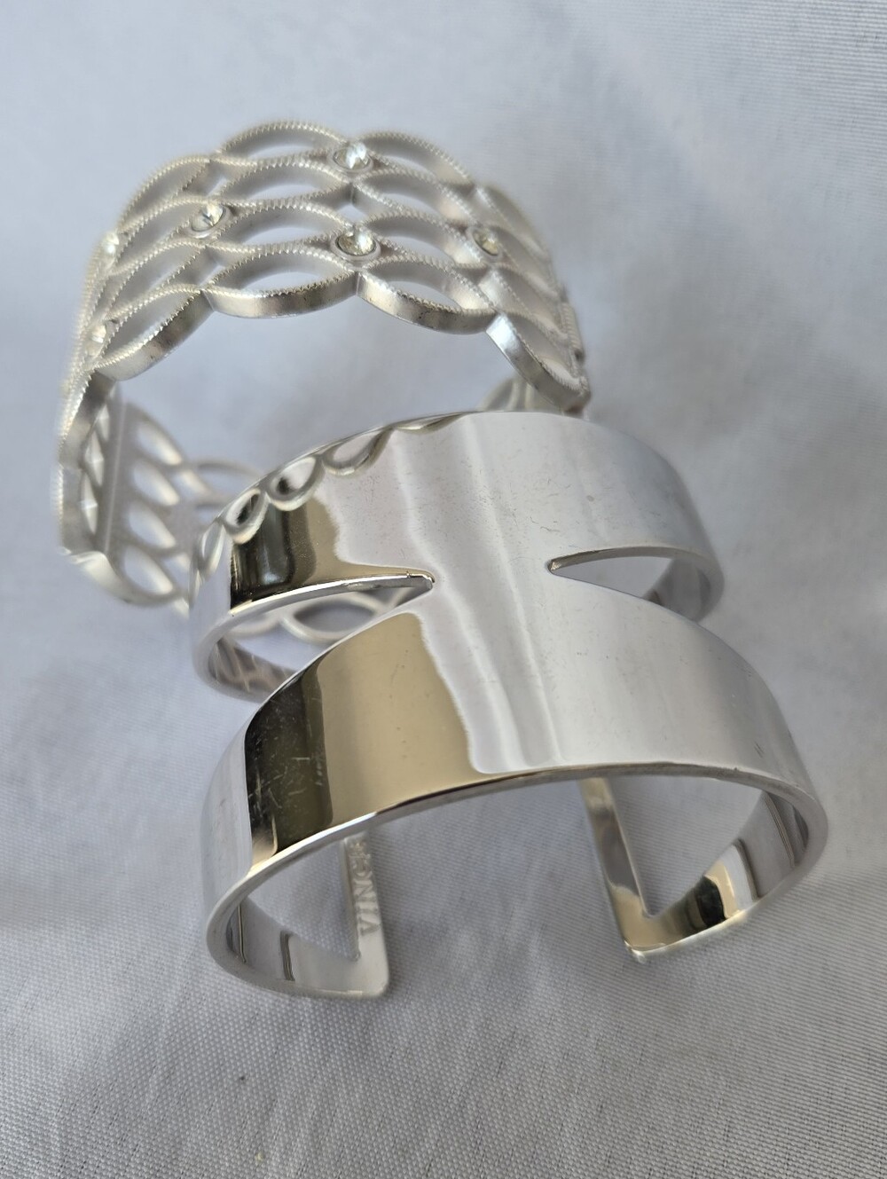Set of 2 Silver Tone Statement Cuff Bracelets –Rhinestone Openwork & Modern Wide - Picture 2 of 13